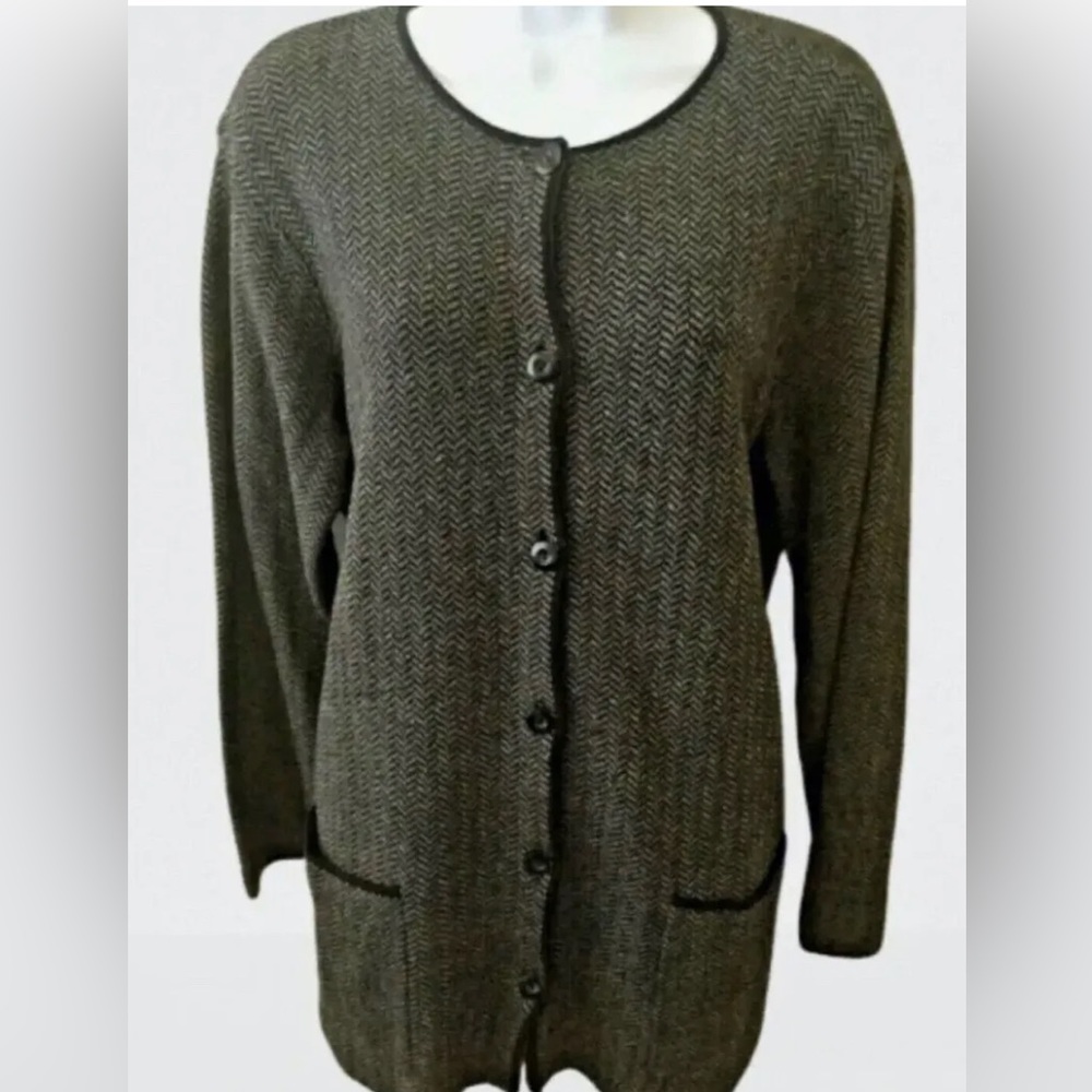 Vintage Liz Claiborne Cardigan Sweater 100% Cotton Herringbone Made in Hong Kong